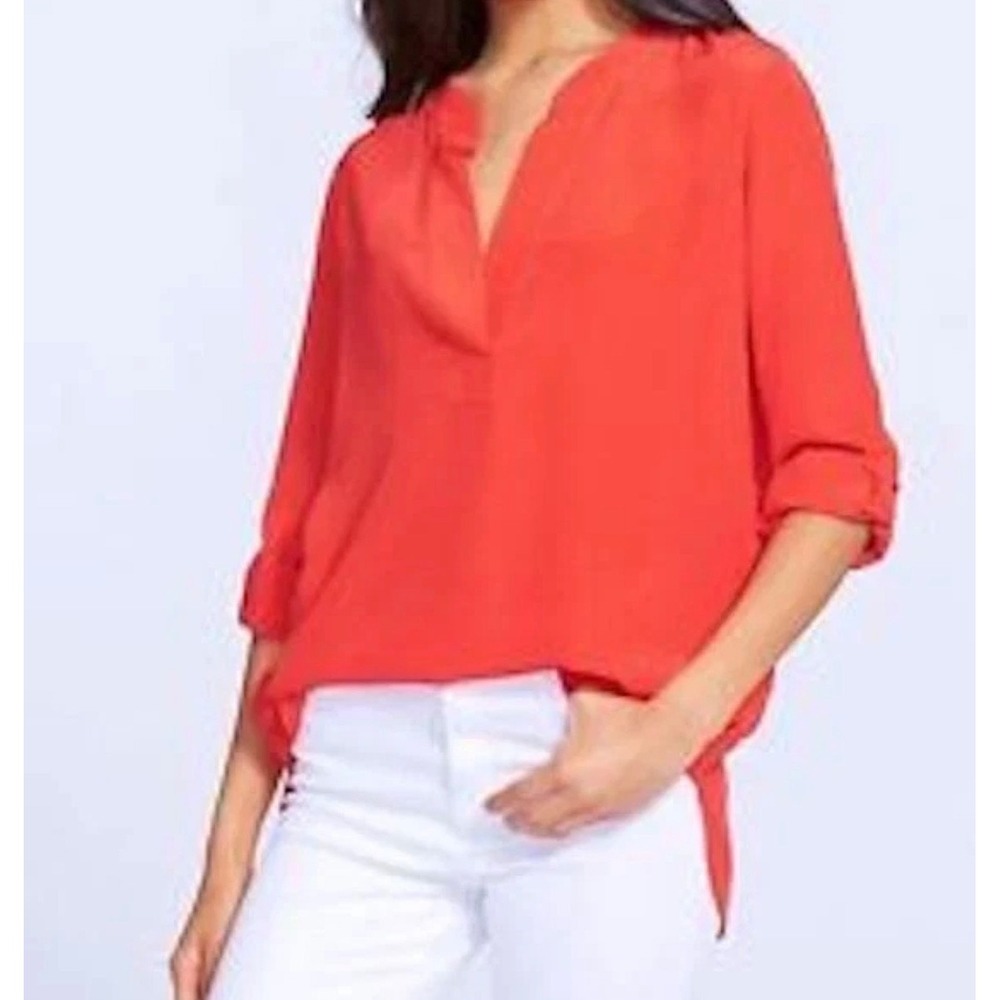 Diane von Furstenberg Blouse Womens 12 Red Silk Roll Tab Sleeve Button Front